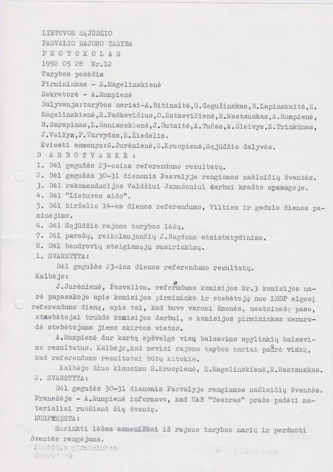 Lietuvos Sajūdžio Pasvalio rajono Tarybos 1992 m. gegužės 28 d. posėdžio PROTOKOLAS Nr. 12